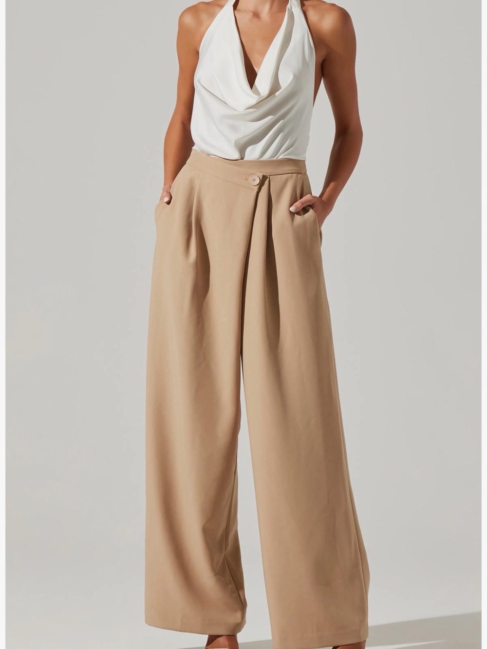 Astr Beige Wide-Leg High-Waist Jumpsuit